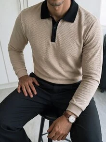 HUEFORM 男士拼色休閒百搭日常長袖 Polo 衫 - 杏色 - 查看 4