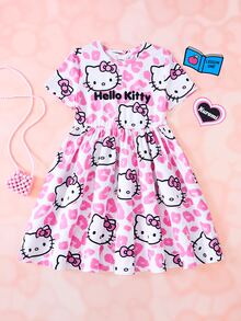 HELLO KITTY AND FRIENDS | SHEIN فستان كاجوال قصير الأكمام بطبعة نمر وحروف للفتيات المراهقات - وردي - مشاهدة 1