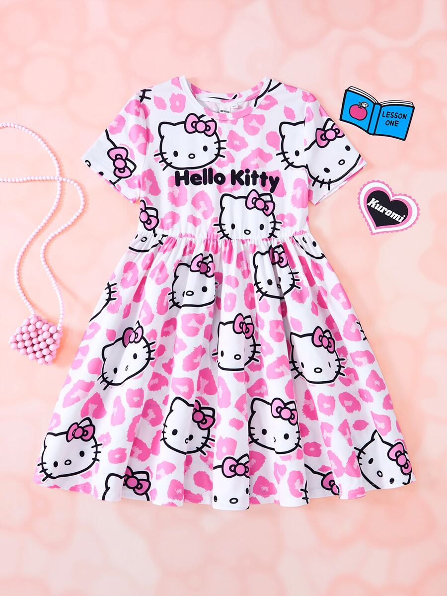 HELLO KITTY AND FRIENDS | SHEIN فستان كاجوال قصير الأكمام بطبعة نمر وحروف للفتيات المراهقات - وردي - مشاهدة 1