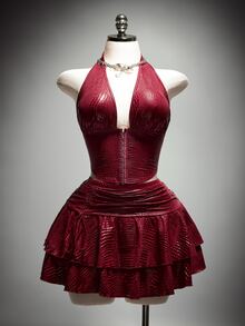 SHEIN ICON Plus Size Solid Color V-Neck Halter Top And Ruched Skirt Sexy Two Pieces Set - Burgundy - View 1