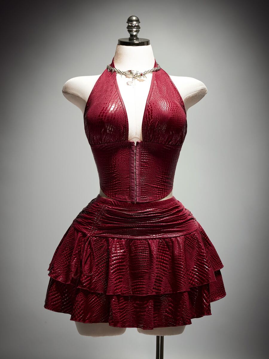 SHEIN ICON Plus Size Solid Color V-Neck Halter Top And Ruched Skirt Sexy Two Pieces Set - Burgundy - View 1