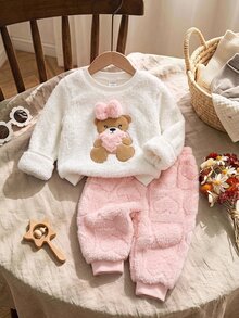 SHEIN Set Baju Sweatshirt dan Celana Panjang Pinggang Elastis Kasual Lucu untuk Bayi Perempuan dengan Motif Kartun yang Lembut dan Menggemaskan - Putih - View 1