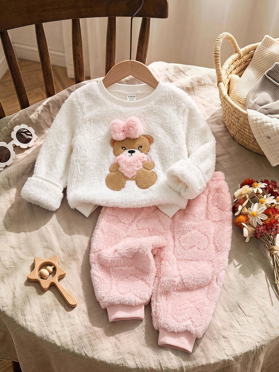 SHEIN Set Baju Sweatshirt dan Celana Panjang Pinggang Elastis Kasual Lucu untuk Bayi Perempuan dengan Motif Kartun yang Lembut dan Menggemaskan - Putih - View 1