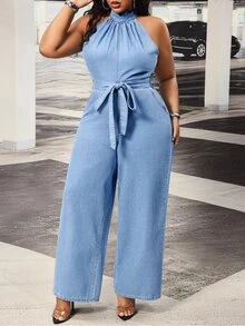 Slaydiva Summer New Sexy Halter Neck Loose Fit Plus Size Denim Jumpsuit - Blue - View 4