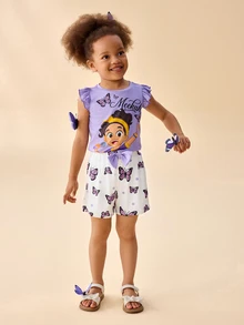 Blippi X SHEIN Set Kasual Sehari-hari untuk Anak Perempuan: Kaos Lengan Bergelombang Motif Kartun dan Celana Pendek - Mauve Purple - View 6