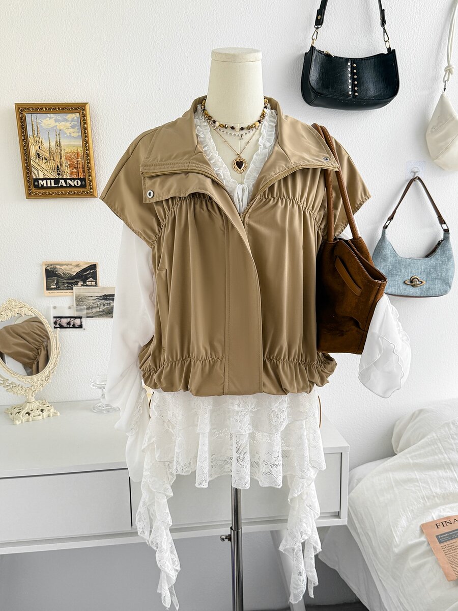 Soleia Autumn/Winter Zipper Pleated Vest Sleeveless Jacket - Beige - View 1