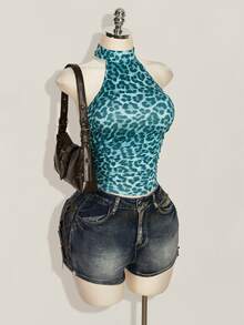 SHEIN ICON Women's Leopard Print Slim Fit Versatile Daily Wear Halter Neck Top - Blue - View 5