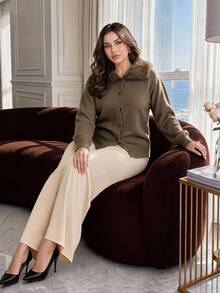 Dripcurv Plus Size Women Fur Collar Knit Cardigan - Brown - View 5