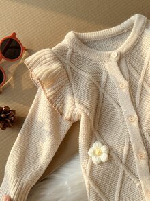 SHEIN 1pc Toddler Baby Girl Infant Chic Cable Knit Floral Ruffle Long Sleeve Jumpsuit Soft Thick Sweaters Jumpers Pull Fall Clothes Christmas Holiday Winter - Dusty Pink - View 3