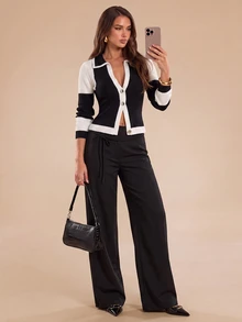 Bluhae Women's Colorblock Casual Versatile Daily Wear Cardigan - Black and White - View 4