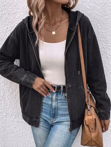 SHEIN LUNE Women's Hooded Zipper Pocket Denim Jacket - Dark Grey - View 6