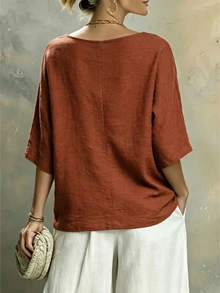 Weeklong Plus Size Casual Vacation Loose Hem V-Neck Short Shirt - Camel - View 2