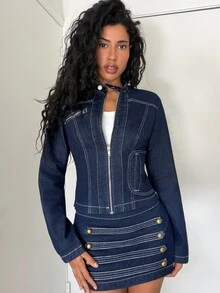 Jeanoix Women's Y2K Stand Collar Zipper Washed Denim Jacket - Dark Wash - View 3