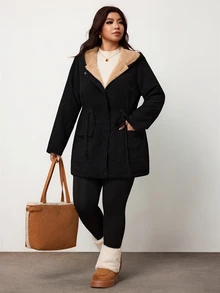 Enliva Plus Size Women's Hooded Padded Coat Drawstring Waist Flap Pocket Warm Outerwear Flattering Compatible With Apple Shape Rounded Body - Black - View 6
