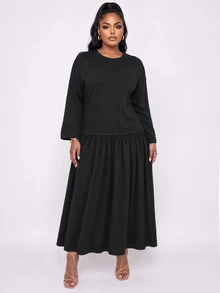 Poshavie Poshavie Plus Size Women's Casual Relaxed Dress, 2 In 1 Patchwork Design, Minimalist Elegant, Suitable For Daily Wear - Black - View 5
