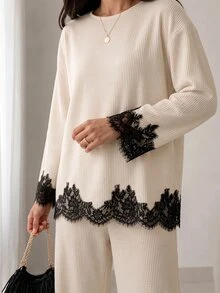 Feyla Women's Contrast Lace Drop Shoulder Long Sleeve Top And Straight Leg Pants 2 Pieces Set - Apricot - View 6