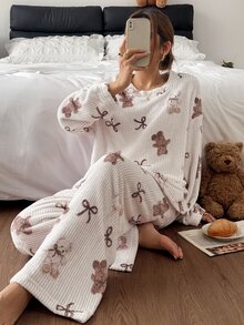 Napfluff Cute Striped Bear Print Crew Neck Long Sleeve Pants Pajama Set For Women - Khaki - View 1