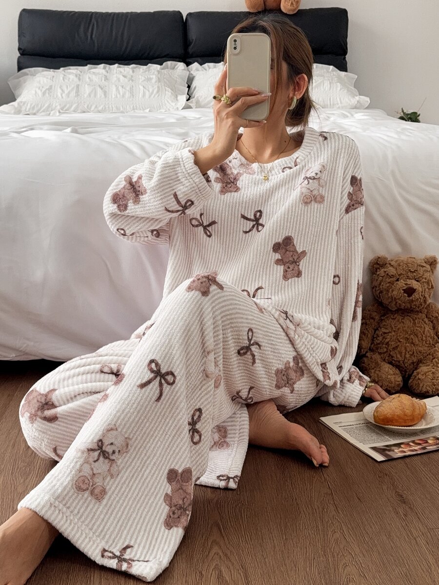 Napfluff Cute Striped Bear Print Crew Neck Long Sleeve Pants Pajama Set For Women - Khaki - View 1