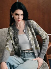 Anewsta Women's Autumn Knit Jacquard Cardigan, Comfortable Knit Outerwear - Grey - View 7