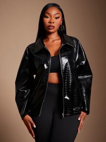 SHEIN SXY Plus-Size Women's Glossy Leather Loose-Fitting Black Coat Winter - Black - View 1