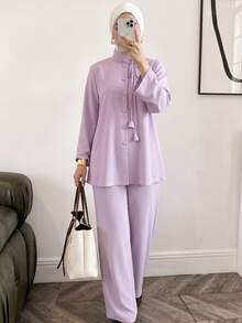 Veilorie Women's Solid Color Front Tie Long Sleeve Single-Breasted Top And Pants Arabic Costume Set - Purple - View 5