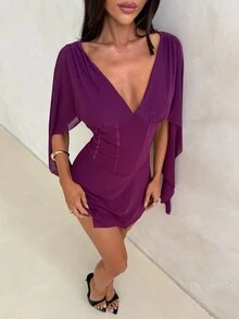Aloruh Contrast Mesh V Neck Split Sleeve A Line High Waist Mini Dresses - Purple - View 6