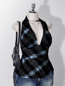 SHEIN ICON 大尺碼女款格紋休閒百搭日常穿搭掛脖上衣 - 藍色 - 查看 1