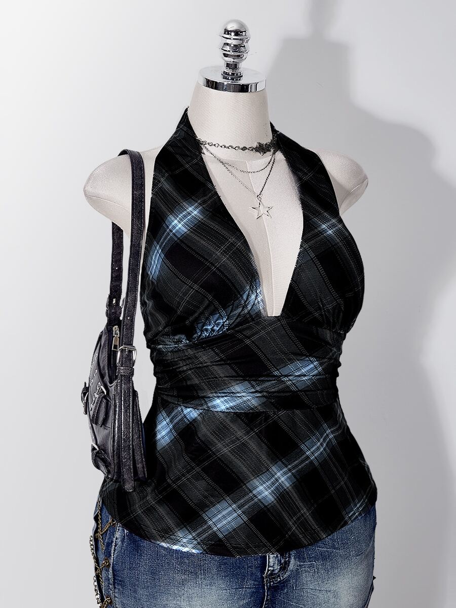 SHEIN ICON 大尺碼女款格紋休閒百搭日常穿搭掛脖上衣 - 藍色 - 查看 1
