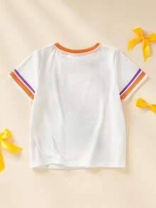 Blippi X SHEIN Young Girl Letter Print Short Sleeve Crew Neck T-Shirt - Orange - View 2
