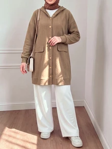 Lacomfia Women's Hooded Long Sleeve Loose Textured Jacquard Casual Versatile Autumn/Winter Plus Size Jacket - Khaki - View 1