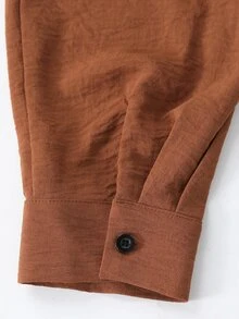 Linhara CURVE Women's Plus Size Faux Linen V-Neck Patchwork Lace Hollow Out Blouse Long Sleeve Loose Brown Shirt Fall - Brown - View 7