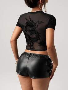 SHEIN ICON Y2K 女款萬聖節網紗露背短版上衣 透視黑色街頭風哥德性感龍圖案休閒日常短袖T恤 - 黑色 - 查看 8