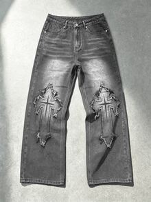 Manfinity Denimwave 男士街頭風哥德式十字印花黑白對比牛仔喇叭褲 - 淺灰色 - 查看 3