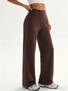 Eassivo 1pc Women's Seamless Ribbed Solid Color Side Stripe Street Casual Yoga Studio Training Long Straight Leg Leggings - Coffee Brown - View 3