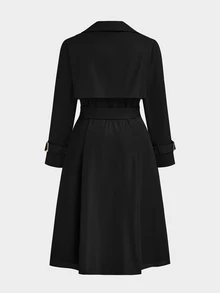 Sweetra Plus Size Women's Solid Color Double-Breasted Casual Loose Long Trench Coat - Black - View 2