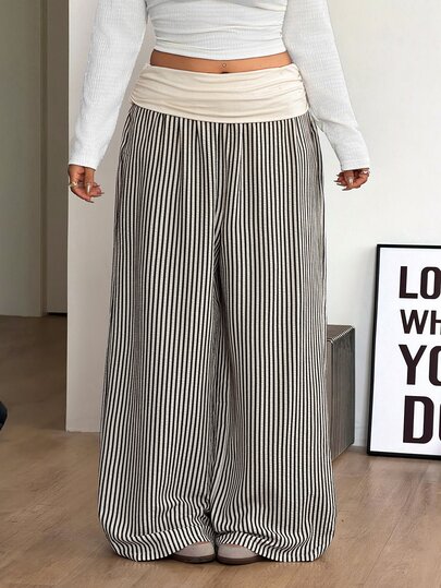 Coolane Women's Plus Size Fall Winter Going Out Elegant Vacation Country Concert Beach Outfit Boho Basic Beige Black Stripe Mid-Waist Wide Leg Pants