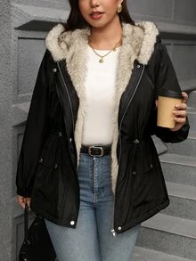 Reflora Women Plus Size Patchwork Faux Fur Hooded Cinched Waist Padded Coat - Black - View 4