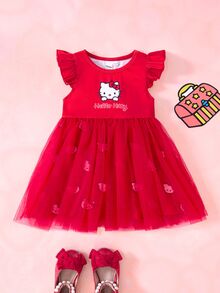 HELLO KITTY AND FRIENDS | SHEIN Gaun Bayi Perempuan Warna Polos Lengan Flutter Kerah Bulat Motif Kartun dengan Kelim Mesh - Merah - View 1
