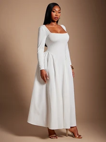 SHEIN SXY White High Elasticity Knitted Square Neck Long Sleeve Ruched Slim Fit Flared Dress Fall Cocktail Party Elegant Celestial - White - View 3