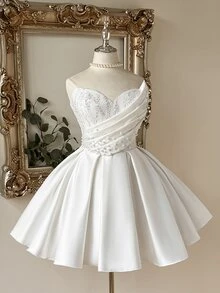 Lovelzi Elegant Luxurious White Sequin Embroidered Patchwork Satin Handmade Sequins Decor Strapless Asymmetric Bubble Hem Wedding Gift Party Dress - White - View 5