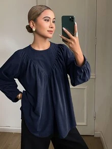 DAZY 女款純色寬鬆圓領娃娃領襯衫 3/4袖 壓褶燈芯絨休閒度假風 春秋襯衫 - 藏蓝色 - 查看 3
