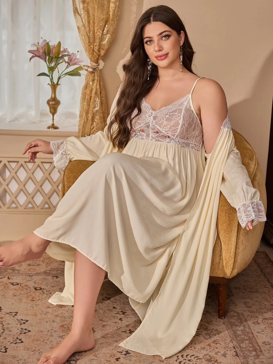 PalaceNights Plus Size Women Lace Patchwork Camisole Nightgown & Long Sleeve Top Loungewear Set - Apricot - View 1