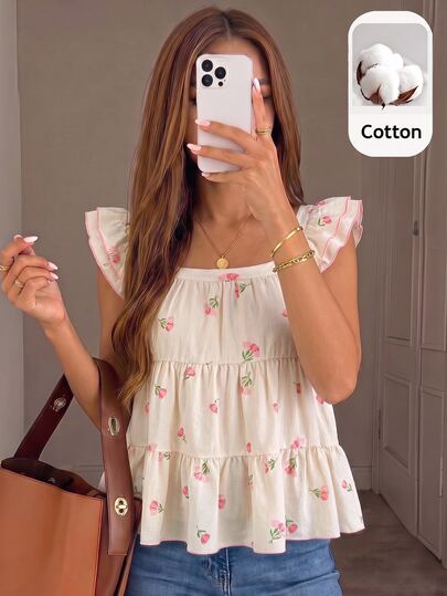 SHEIN Camiseta sin mangas estilo muñeca de varias capas con dobladillo tipo paraguas, rayas tejidas rosa y blanco, fresca, casual, para vacaciones, nueva para primavera/verano, para adolescentes