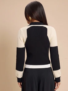 Bluhae Women's Colorblock Casual Versatile Daily Wear Cardigan - Black and White - View 2