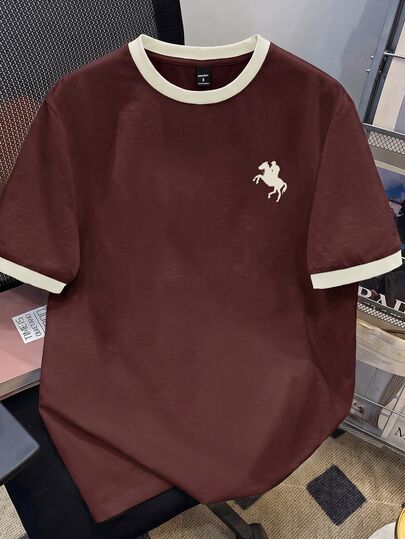 Daypath Standard Size Men's Brown & Apricot Color Block Knight Print Short Sleeve T-Shirt