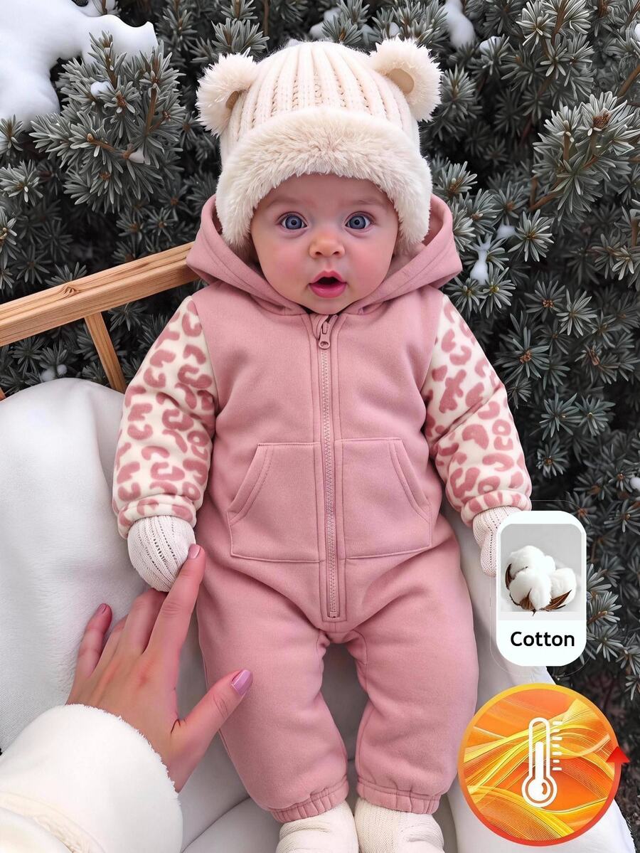 SHEIN Baby Girl Knit Solid Color Hooded Double Pocket Patchwork Leopard Print Long Sleeve Casual Jumpsuit,Pink Leopard Print,Fall Outfits - Pink - View 1