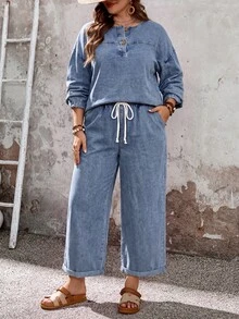 EMERY ROSE EMERY ROSE Plus Size Denim Two Pieces Outfits Fall/Winter Casual Y2K Basic Halloween Festival School - Blue - View 3