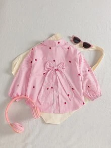 SHEIN 1件幼童女童鈕扣襯衫，甜美粉色草莓印花條紋，背面蝴蝶結，長袖領口，常規版型，生日春季白色上衣，度假上衣 - 彩色 - 查看 2