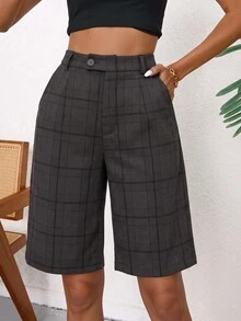 Aveloria Modichic Women's Plaid Straight Leg Shorts With Button Pockets And Zipper - Dark Grey - View 5