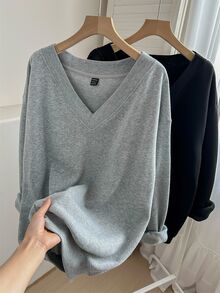 SHEIN CURVE+ 2pcs Set Plus Size Grey Sweatshirts NOPE Letter Print Loose Fit V-Neck Long Sleeve, 2026 22W Fall - Multicolor - View 8